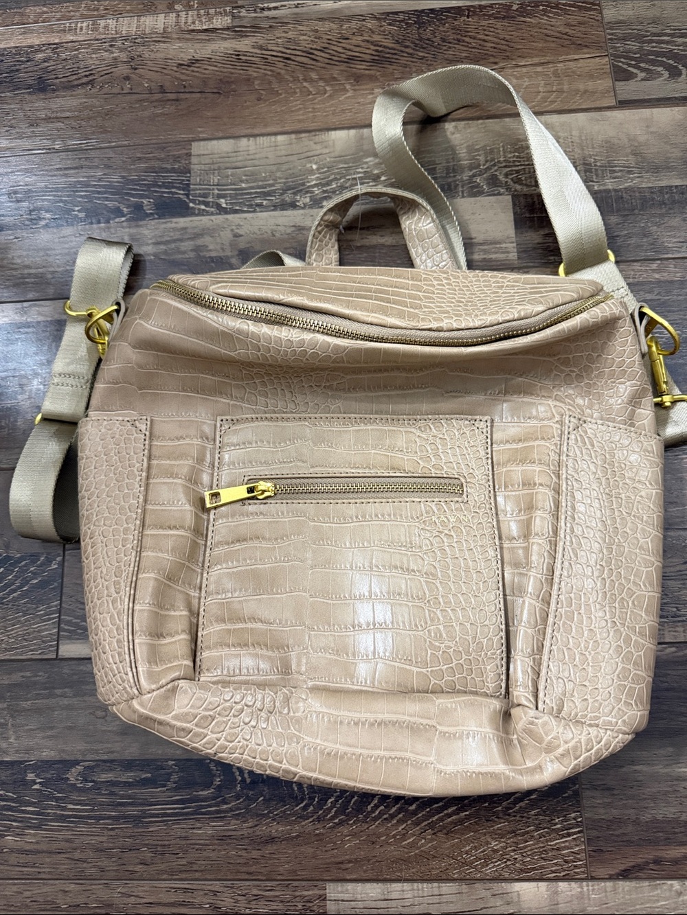 Fawn Design Beige Croc-Embossed Convertible Backpack